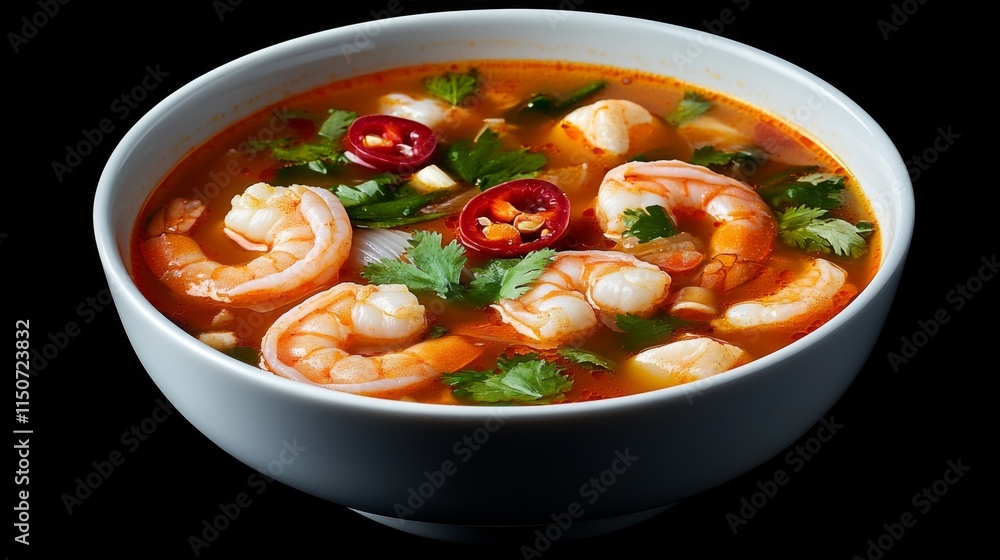 Fresh Shrimp Soup with Cilantro and Chili in a White Bowl Fresh Shrimp Soup with Cilantro and Chili in a White Bowl