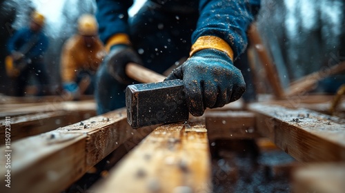 Construction workers hammering wooden planks at a building site during a rain...