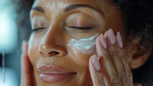 Young woman applying skincare cream in a cozy setting for healthy and glowing...