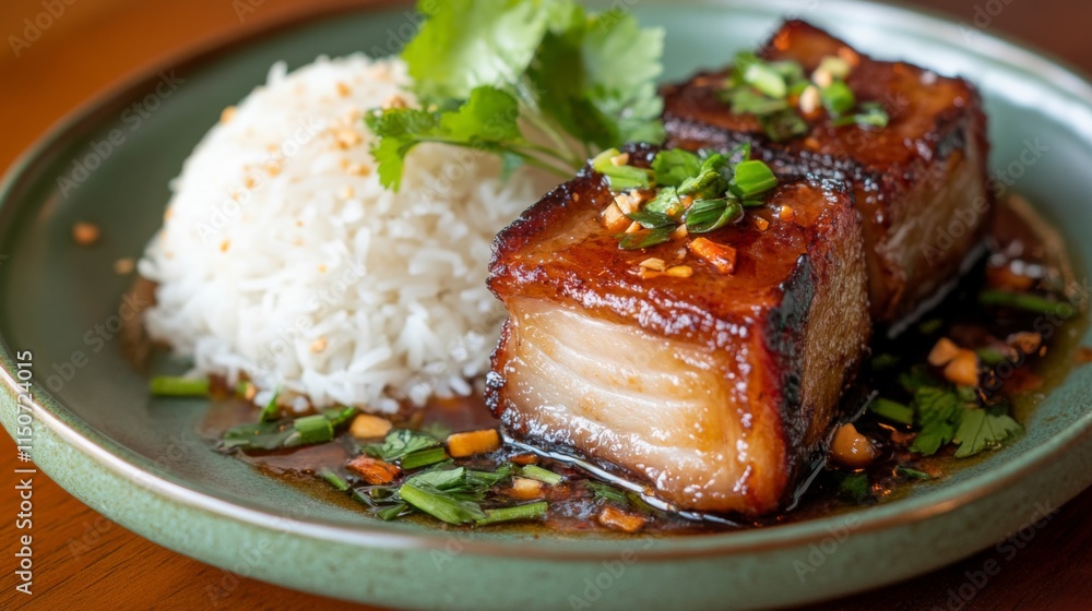 Delicious Glazed Pork Belly with Rice and Fresh Herbs Decoration Delicious Glazed Pork Belly with Rice and Fresh Herbs Decoration