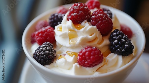 Delicious bowl of yogurt topped with fresh raspberries and blackberries in a ...