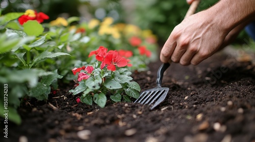 Hands cultivating garden soil with green plants and orange flowers in spring