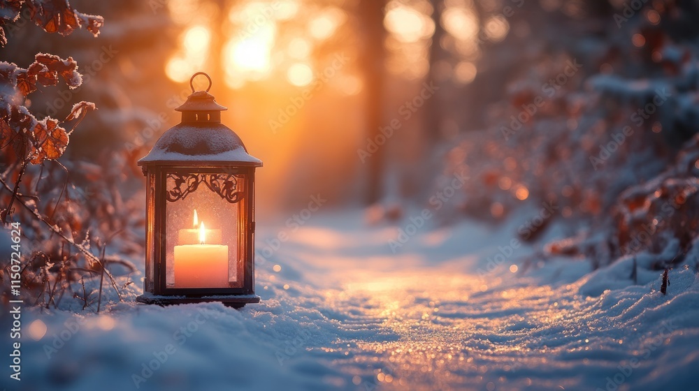 Winter scene with lantern casting warm light on snow-covered forest path at sunset. Winter scene with lantern casting warm light on snow-covered forest path at sunset.