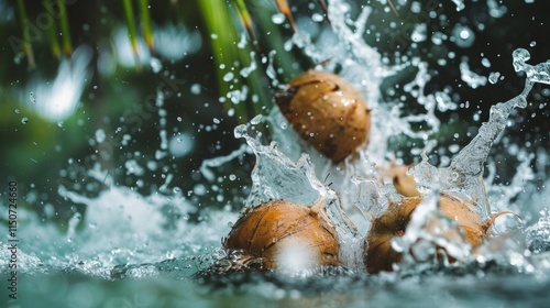 Coconuts splashing into water with dynamic motion