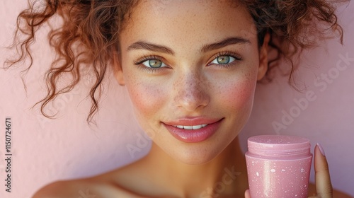 Young woman with glowing skin holding pink skincare product in natural light