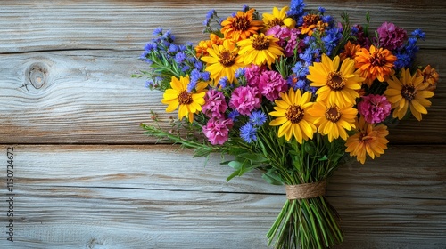 Wallpaper Mural A vibrant bouquet of mixed flowers arranged on a wooden surface. Torontodigital.ca