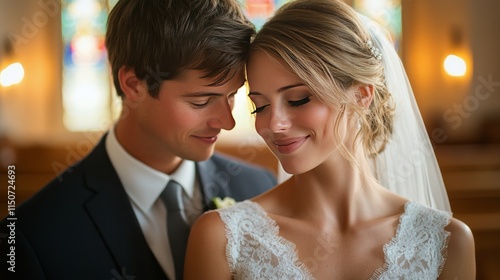 Elegant couple share a tender moment during their wedding ceremony in a beaut...