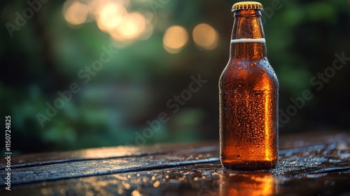 Refreshing amber beer bottle on a wet wooden surface during sunset