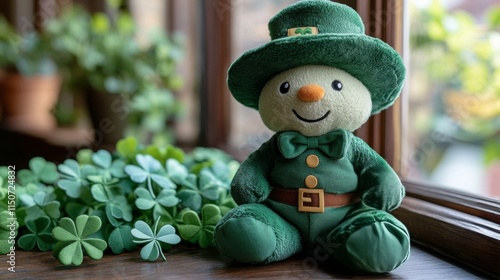 Green plush bear sits among clovers in a sunlit garden, celebrating St. Patri...