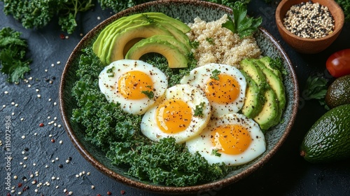 Colorful breakfast bowl with scrambled eggs, avocado, kale, and pomegranate