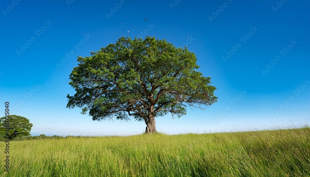 Fototapeta premium 青空を背に立つ大きな木が、広がる草原の中心で生命の輝きを放つ。 