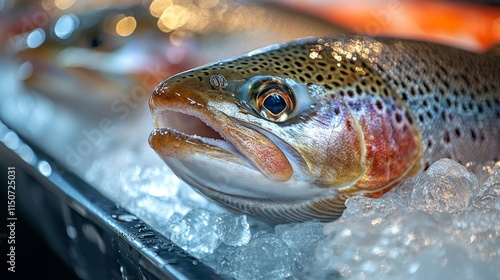 Freshly caught rainbow trout displayed on ice at a seafood market during the ...
