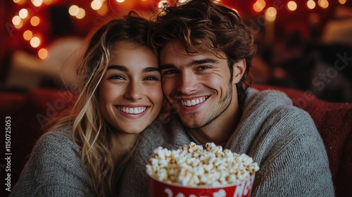 Smiling couple enjoying popcorn at a festive outdoor event under string lights