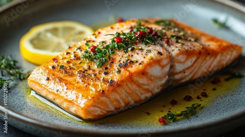 Grilled salmon served with asparagus and lemon garnish on a plate