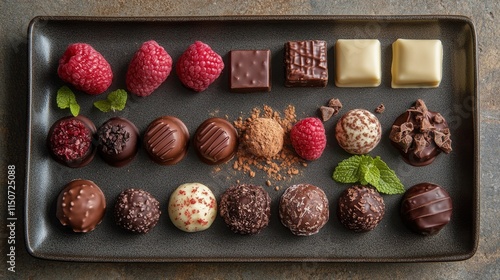 Assortment of artisanal chocolates arranged on a wooden surface with decorati...