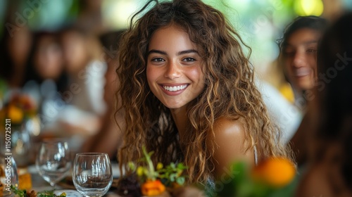 Elegant celebration with smiling woman wearing traditional attire at a festiv...