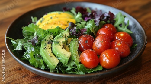 Fresh salad with avocado, cherry tomatoes, and mixed greens in a rustic bowl