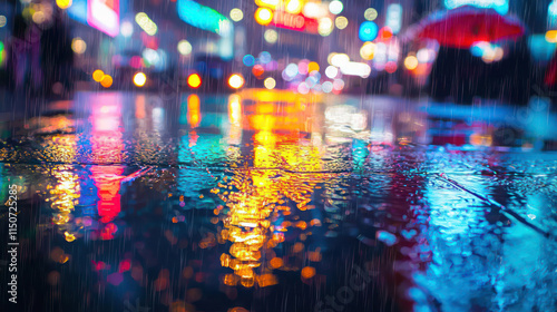 A vibrant cityscape during a rainstorm, with reflections of neon lights on wet streets photo