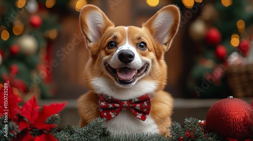 Happy corgi in a festive setting surrounded by decorations and Christmas stoc...