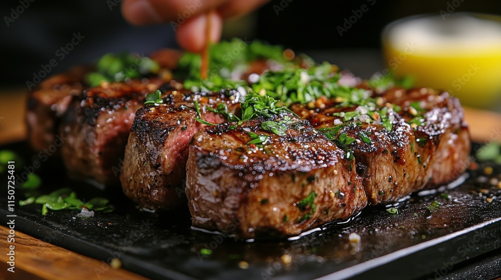 Juicy grilled steak garnished with fresh herbs on a serving platter Juicy grilled steak garnished with fresh herbs on a serving platter