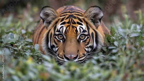 Intense gaze of a tiger showcasing powerful features in natural environment a...