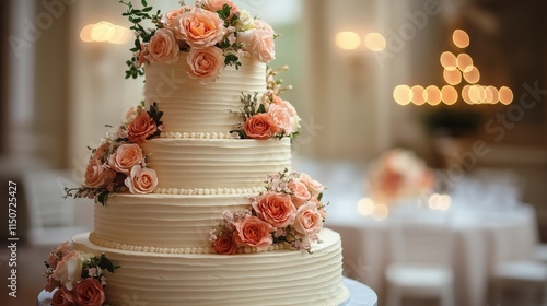 Elegant wedding cake adorned with pink roses and delicate floral arrangements...