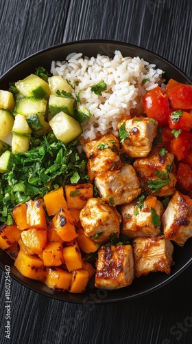 Grilled chicken bowl with vegetables and rice served in a black bowl