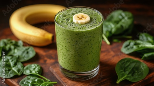 Green smoothie with spinach and banana prepared in a rustic kitchen environment