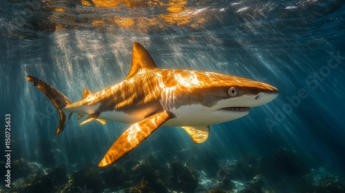 Shark swimming gracefully in clear blue ocean waters with sun rays filtering ...