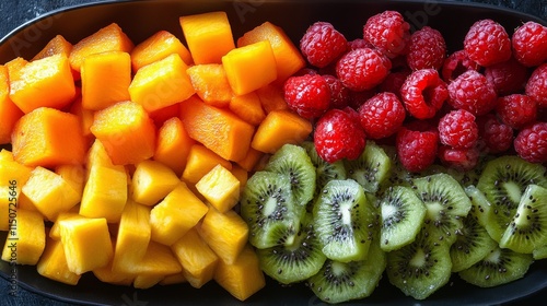 Brightly colored fruit platter with mango, raspberry, and kiwi at a summer ga...