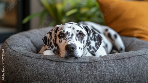Dalmatian dog relaxing in cozy bed by the fireplace during a calm evening