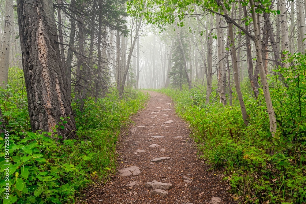 Fototapeta premium Foggy forest path leading into the unknown.