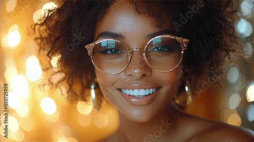 Bright smile of a woman with curly hair and glasses in a softly lit background