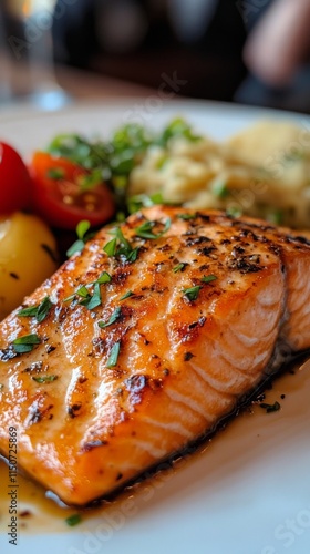 Delicious grilled salmon served with quinoa and fresh vegetable salad on a ru...