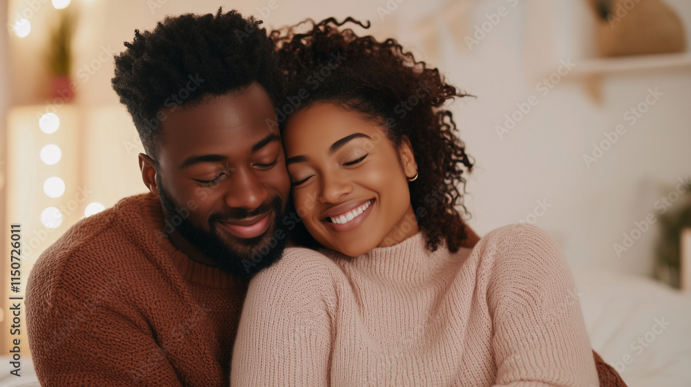 Man embracing his pregnant wife sitting on the bed.