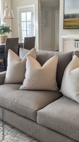 Cozy grey sofa with decorative pillows in modern living room setting