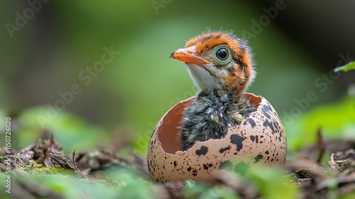 Baby bird hatching from egg in lush green environment during daylight