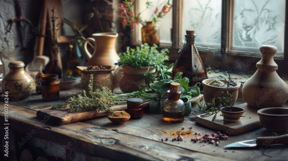 Fototapeta premium Rustic table with vintage kitchenware and herbs