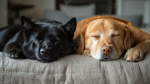 Two dogs resting together on a gray blanket in a cozy indoor setting