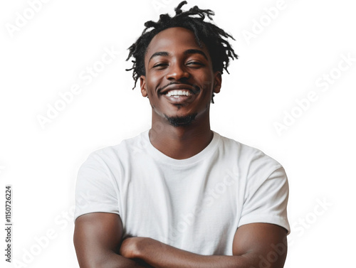 Pose confiante de um homem negro com os braços cruzados, em fundo transparente. Perfeito para projetos que buscam diversidade, empoderamento e profissionalismo
