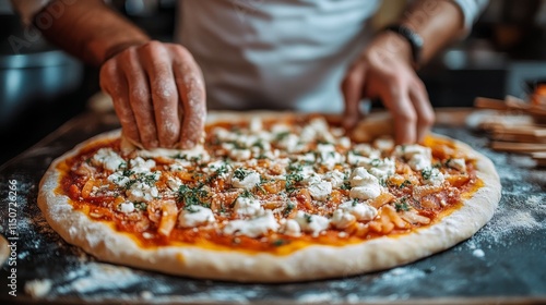 Hands expertly kneading dough on a flour-covered countertop in a bustling kit...
