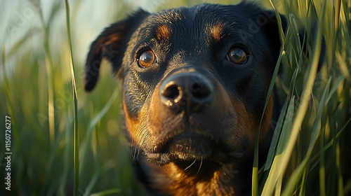 Brown dog peeking through tall grass in a serene outdoor setting during overc...