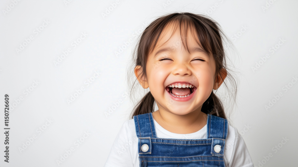 A cute Asian girl, wearing denim dungarees and flashing a bright smile with her white teeth, laughs joyfully in front of a white background. The playful expression and fashionable A cute Asian girl, wearing denim dungarees and flashing a bright smile with her white teeth, laughs joyfully in front of a white background. The playful expression and fashionable
