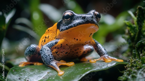 Colorful frog resting on a leaf in a lush tropical environment during daytime