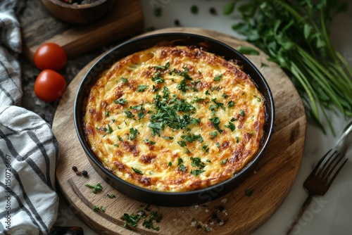 Savory baked dish topped with fresh herbs on a rustic wooden board during day...