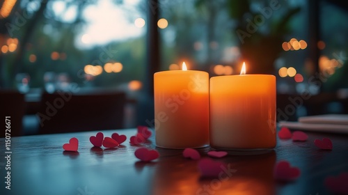 Romantic dinner setup by the beach at sunset with wine glasses and candlelight