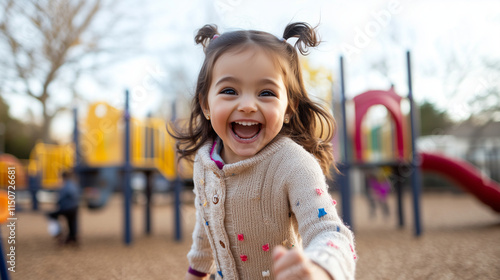 An excited young girl shows off her boundless energy, laughing and running around in her favorite playground. Her enthusiasm is contagious, making this image perfect for family blo photo