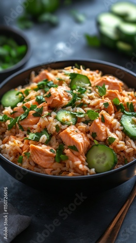 Fresh salmon rice bowl topped with cucumber and herbs for a healthy meal
