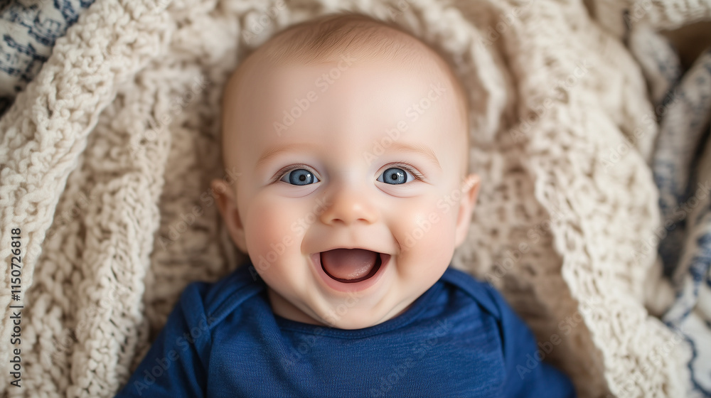 A four-month-old baby boy with bright blue eyes beams with joy, laughing as he lies comfortably on a bed. The view from above highlights his adorable features, making it an ideal i A four-month-old baby boy with bright blue eyes beams with joy, laughing as he lies comfortably on a bed. The view from above highlights his adorable features, making it an ideal i