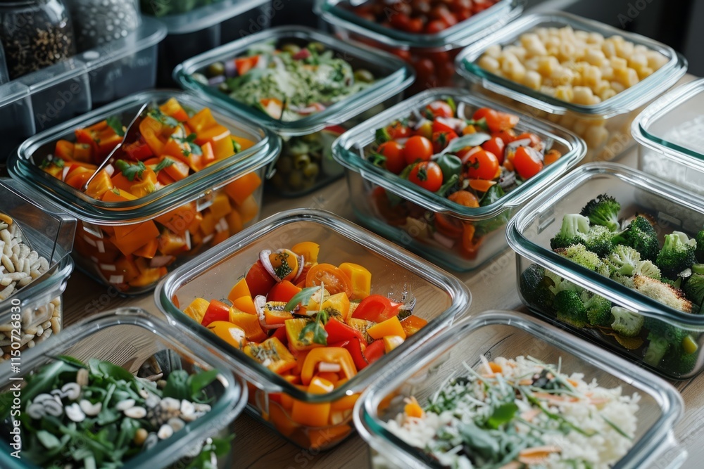 A variety of vegetables are displayed in glass containers, including broccoli A variety of vegetables are displayed in glass containers, including broccoli